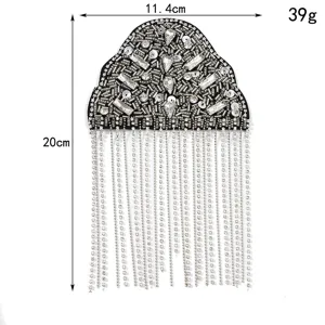 Beaded fringe shoulder epaulet rhinestone accessory patch, 11.4x20cm 39g for clothing decor.