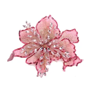 Gorgeous pink flower embroidered patch with sequins and crystal rhinestones for DIY clothing.