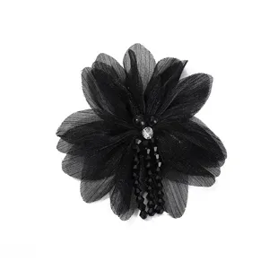 Close-up detail of black mesh flower brooch applique with pearl crystal beads, DIY accessory.