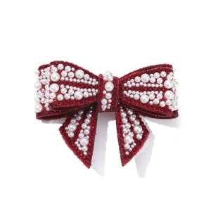 Red crystal pearl bow shoe clip, sparkling rhinestone wedding bridal accessory for high heels.