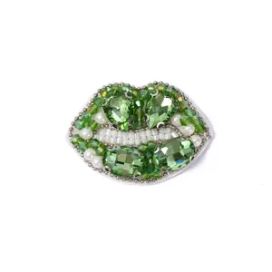 Handmade crystal beaded green lip patch DIY clothing accessories decorative patch appliques