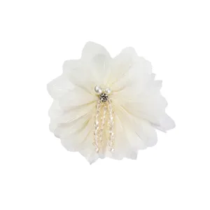 Detailed close-up of translucent fabric flower patch featuring pearl and crystal bead dangles.