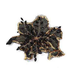 Black and gold flower sequin patch rhinestone embroidered applique for DIY clothing accessories.