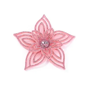 Pink 3D rhinestone flower patch, mesh fabric DIY applique for wedding dress shoes bags decor.