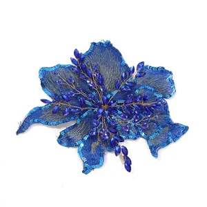 Blue flower sequin patch detail, gorgeous crystal beaded applique for DIY garment apparel accessory.