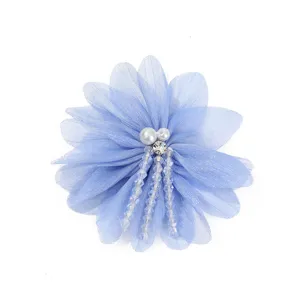 Light blue mesh flower brooch with faux pearls and crystal bead dangles, ideal for DIY apparel.