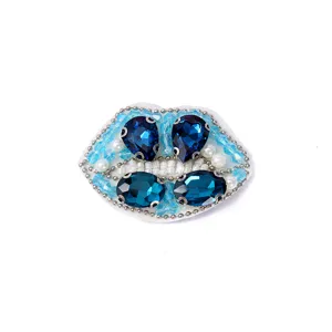 Exquisite handcrafted blue crystal beaded lip patch for diy clothing and accessories