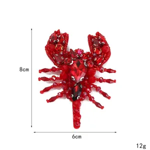 Handgefertigter roter Kristall Perlen Hummer Aufnäher DIY Kleidung Zubehör Brosche 8x6cm
