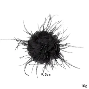 Close up of black feather flower brooch patch detail showing 9.5cm size and beaded center.