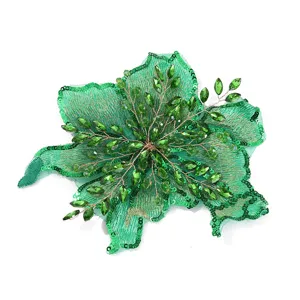 Gorgeous green flower brooch patch with sequins and crystals for DIY clothing accessories detail.