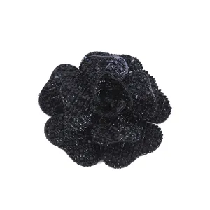 Black rhinestone camellia flower accessory DIY sparkling crystal brooch garment shoe decor part.