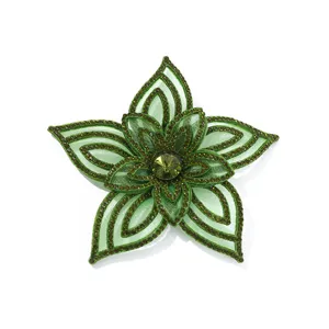 Green 3D rhinestone flower patch, sparkly crystal DIY clothing accessory for wedding dress.