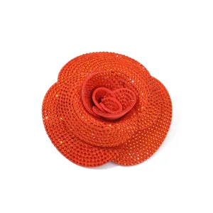 Rhinestone camellia flower DIY accessory, dazzling red crystal flower detail for apparel crafts.