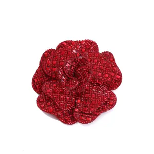 Exquisite red rhinestone camellia flower accessory for shoes, bags, and clothing DIY decoration.