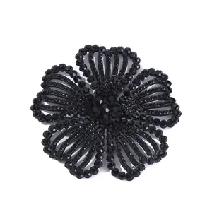 Black rhinestone flower accessory, sparkling crystal applique for shoes, hairpins and apparel.