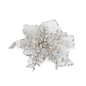 Gorgeous silver flower rhinestone patch DIY clothing apparel accessory sequin applique.