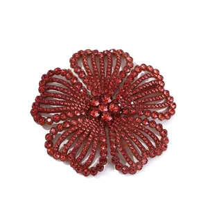 Red rhinestone flower shoe charm crystal camellia hair clip sparkly 3D garment accessory.