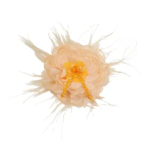 Fabric flower brooch with feathers and yellow beaded dangles, DIY apparel and shoe accessory.