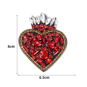 DIY Red Rhinestone Heart Patch with Crown Crystal Beaded Applique for Clothes Bags Shoes