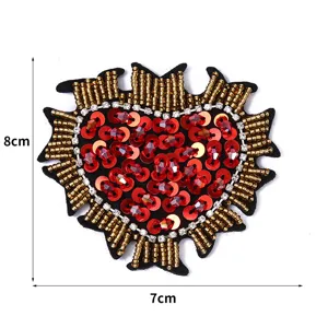 Red sequin heart beaded patch DIY clothing accessory for bags shoes apparel decoration.