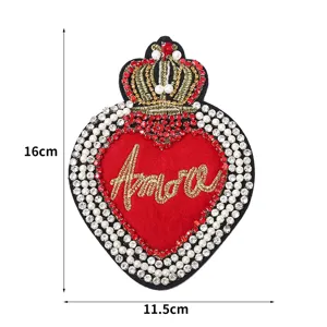 Kronenherz Strass Perlen Stickerei Aufnäher für DIY Kleidung Zubehör 16x11.5 cm