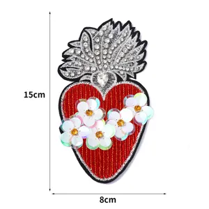 Red sequin rhinestone heart embroidery patch size 15x8cm DIY clothing details
