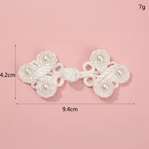 Handmade white beaded Chinese frog button for cheongsam and hanfu, detailed view with size.