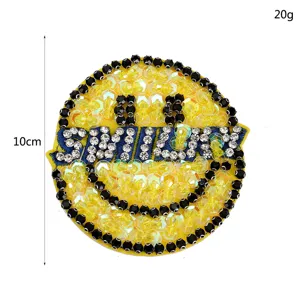 Handmade beaded smiley face embroidered cloth patch round rhinestone DIY clothing accessory.