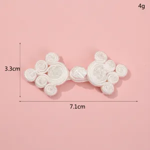 Handmade beaded white cheongsam frog button detail, size and weight specification display.