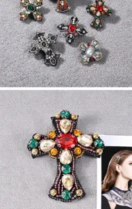Handgemachte Perlen Strass Kreuz Aufnaeher DIY Kleidung Zubehoer Vintage Kristall Abzeichen