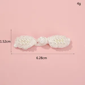White pearl Chinese frog button detail, handmade clothing accessory, 6.28cm length.