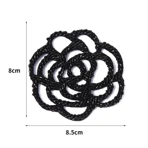 Handmade Black Beaded Camellia Flower Patch DIY Clothing Accessory Size 8x8.5cm