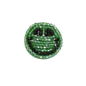 Handmade green beaded smiley face patch diy garment accessory apparel patch applique.