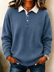Women Ribbed Knit Polo Shirt Contrast Collar Long Sleeve Casual Top Buttons Slim Fit Polyester Pullover Blouse