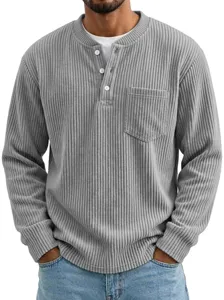 Camisa Henley de hombre en pana manga larga casual con botones y bolsillo gris moda