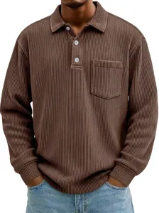 Chemise polo manches longues en velours côtelé homme décontracté haut ample d'automne