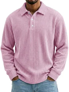 Men's solid color corduroy long sleeve lapel polo shirt casual loose fit top.