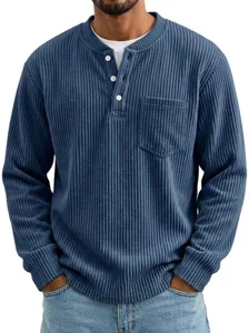 Camisa Henley de Hombre de Corduroy Manga Larga Casual con Bolsillo en el Pecho Azul
