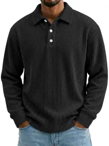 Men's long sleeve corduroy polo shirt with lapel collar and button placket design.
