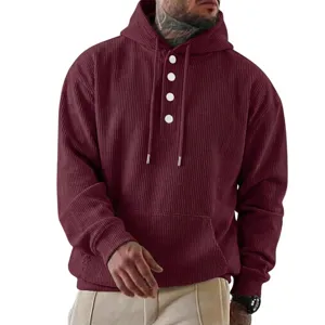 Herren Cord Langarm Kapuzenpullover mit Kordelzug und praktischer Knopfleiste Detail
