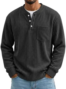 Camisa Henley de Hombre de Corduroy Manga Larga Corte Holgado con Bolsillo en Pecho