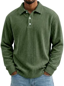 Men's corduroy long sleeve polo shirt detail view, classic lapel and button closure.