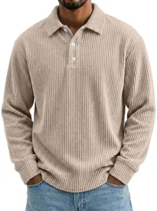Corduroy long sleeve polo shirt detail, classic lapel design, soft textured casual fabric.