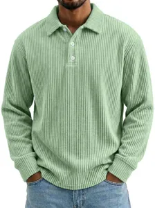 Men's corduroy long sleeve polo shirt casual loose lapel button down top mint green