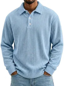 Men's solid color corduroy long sleeve lapel polo shirt casual detail view top fashion.