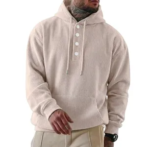 Herren Kordsamt Langarm Kapuzenpullover mit Knopfleiste und Bauchtasche in Khaki.