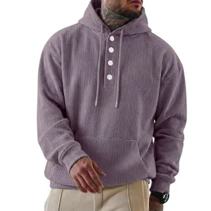 Herren Kordel Cord Langarm Hoodie mit Knopfleiste Kordelzug und Kängurutasche Detail