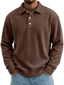 Men's solid color corduroy long sleeve polo shirt, casual loose lapel top for autumn.