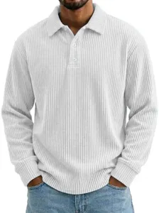 Men's solid color corduroy long sleeve polo shirt casual lapel button top daily wear.