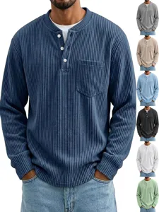 Camisa Henley de Manga Larga de Pana para Hombre Corte Holgado Americano Color Sólido Polo Casual con Bolsillo en el Pecho Camisa de Poliéster